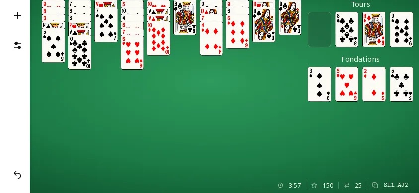 Seahaven Towers sur téléphone à l’horizontale : partie avancée, quinze cartes déjà montées sur les fondations et des suites de même enseigne dans les colonnes.