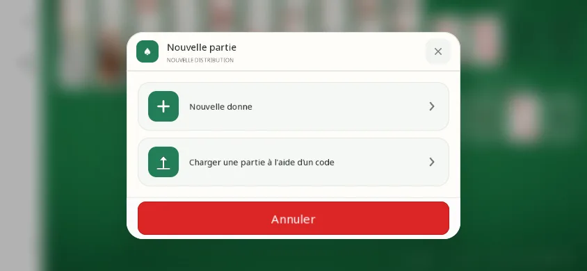 Fenêtre Nouvelle partie de l’app, au-dessus du plateau flouté : deux lignes, Nouvelle donne et Charger une partie à l’aide d’un code, puis le bouton Annuler.